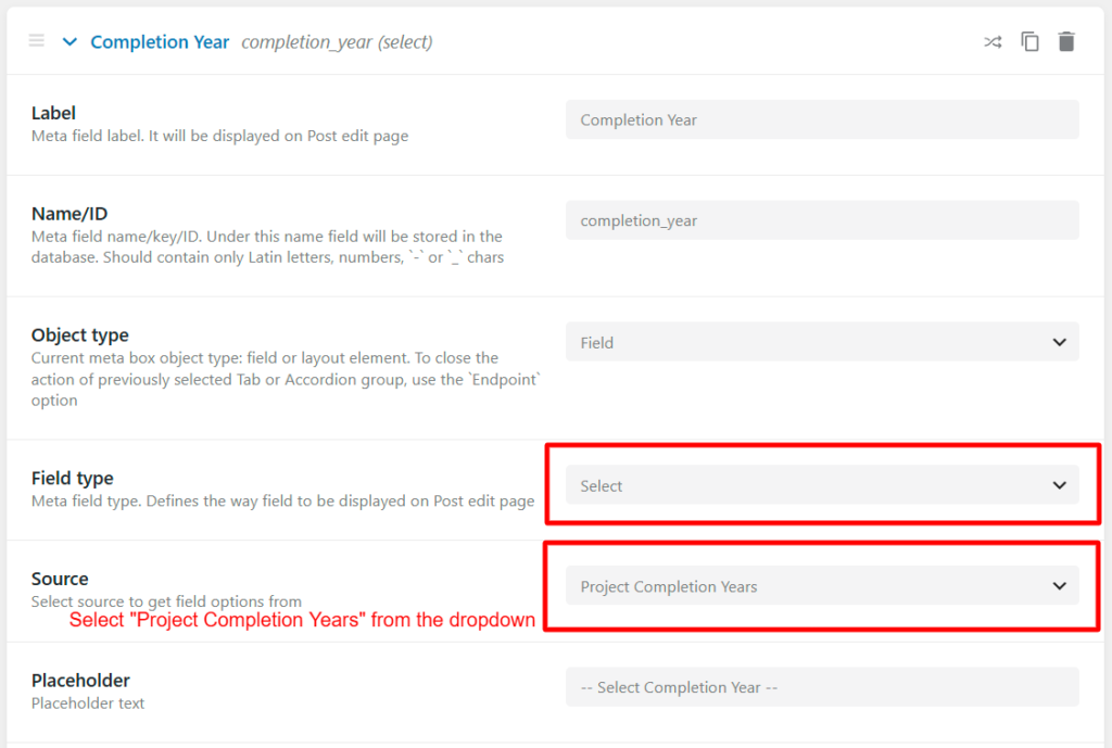 JetEngine Meta Box Select Field completion year options